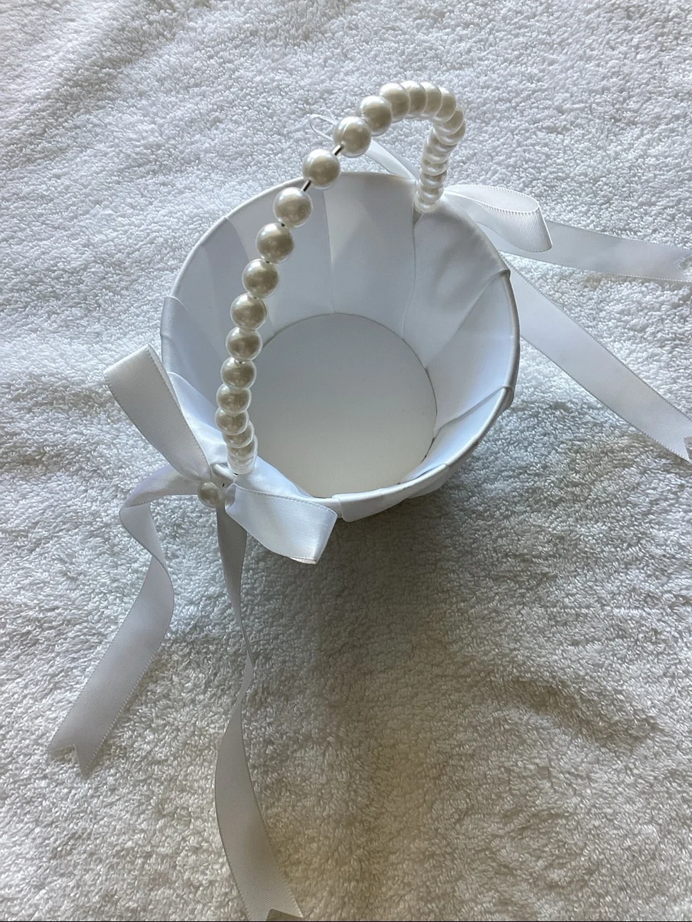 Classic White Satin Flower Girl Basket with Pearl Handle